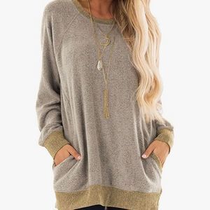 Color Block Long Sleeve Shirt Top Pullover Pockets Casual Size Small Oversized